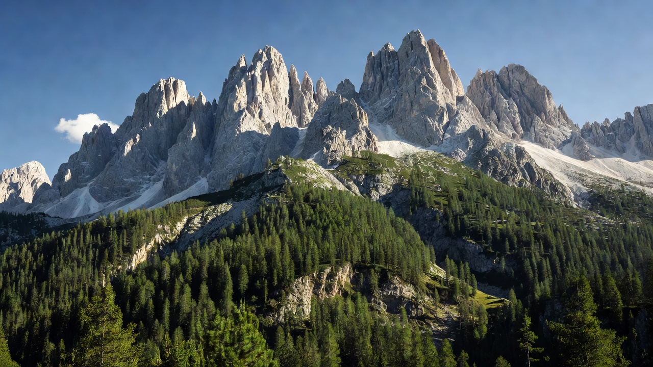 Sharp, jagged limestone peaks of the Dolomites rising above a forested slope