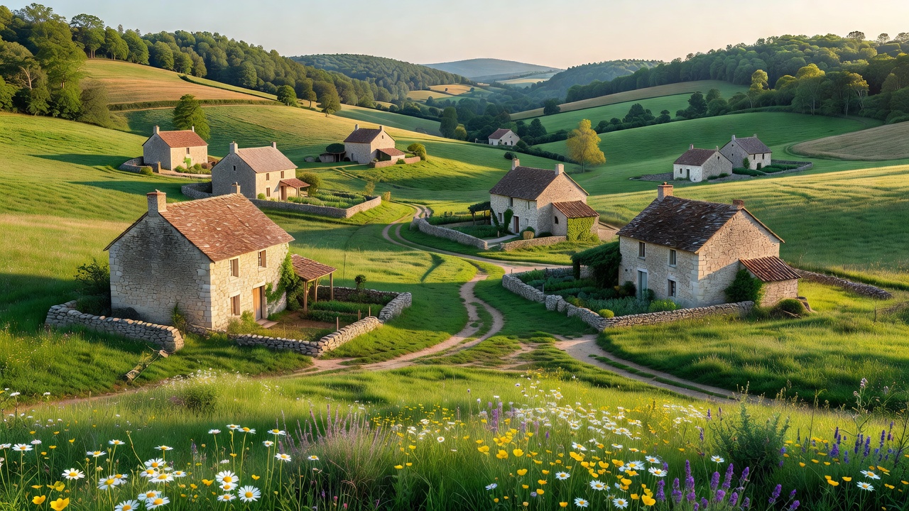 Stone farmhouses scattered across a lush green valley in rural France